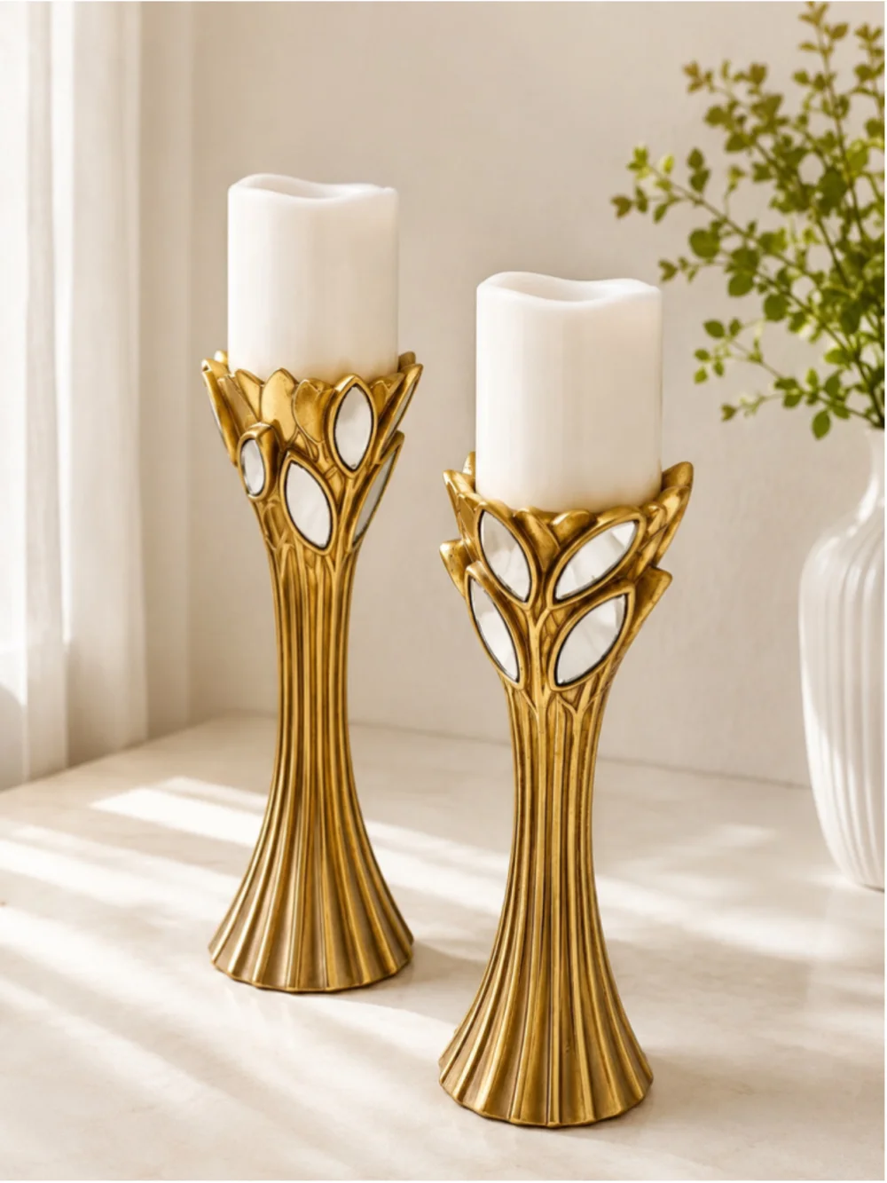 Gaia Gold Candle Holder Set with Mirrored Glass Leaf – 14”